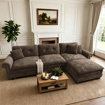 Canapé modulaire moderne de 124 po avec garniture cloutée, sièges surdimensionnés en forme de L avec repose-pieds, canapé profond à 4 places avec coussin décoratif