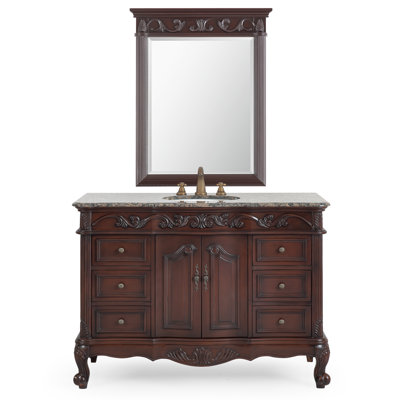 Benton Collection 48 Inch Traditional Freestanding Cherry Brown Beckham Bathroom Vanity with Mirror, Single Sink, Baltic Brown Granite Top, Fully Assembled