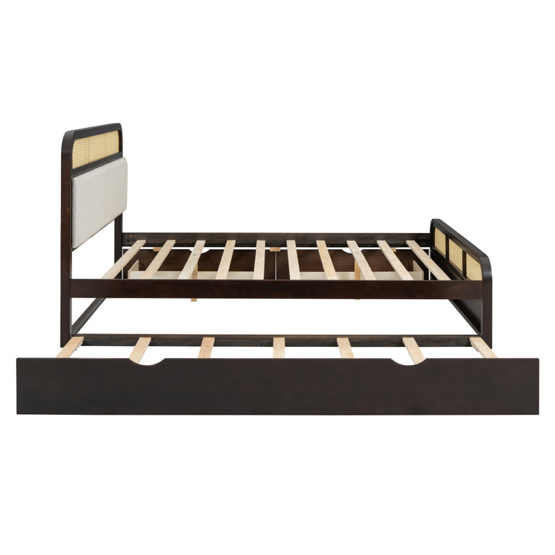 Grand lit plateforme en bois avec lit gigogne et 2 tiroirs, espresso