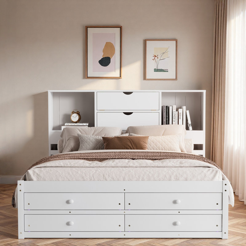 Lit plateforme avec tête de lit avec rangement et 8 tiroirs, Blanc, Grand lit