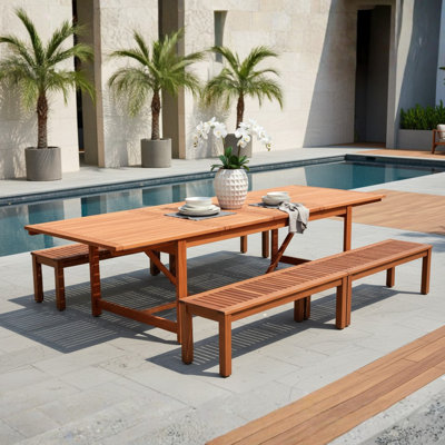 Anautica 8 - Person Eucalyptus Solid Wood Patio Dining Set Extendable and Umbrella Hole Included Rectangular Table