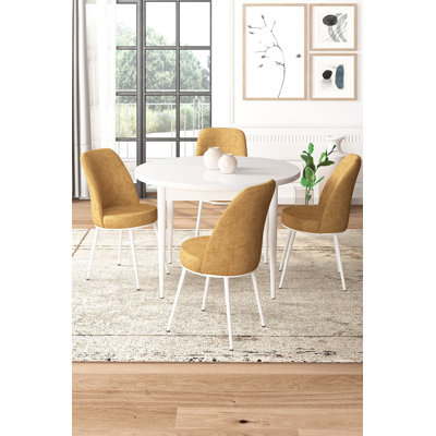 Modern 5-Piece Dining Table & Chairs Set, White & Cappuccino, 35.4 x 29.5 x 35.4 inches Table | Metal Legs, 100% Melamine Coated Chipboard | Comfortable Jerry Fabric Chairs, Ideal for Stylish Dining Spaces