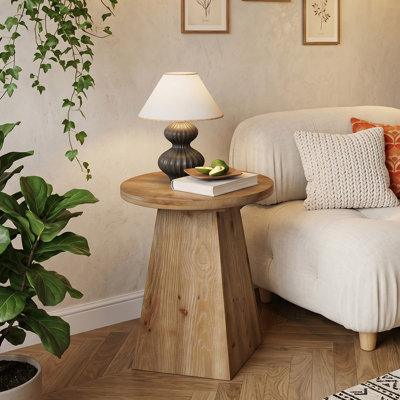 19" Small Solid Wood End Table with Trapezoid Base, Round Living Room Side Table