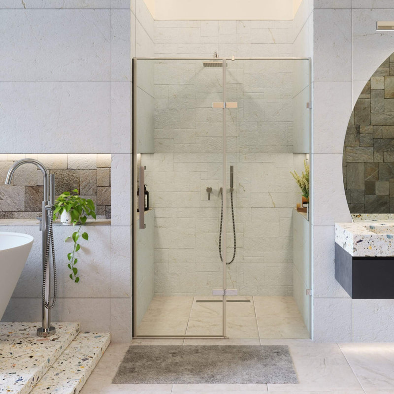 Porte de douche à charnière sans cadre l 60 po x H 74,25 po, Chrome