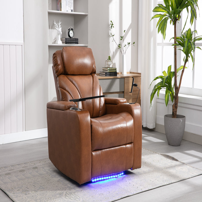 Leaon Vegan Leather Power Reclining Cinema Seat with Cup Holder, Similicuir brun clair