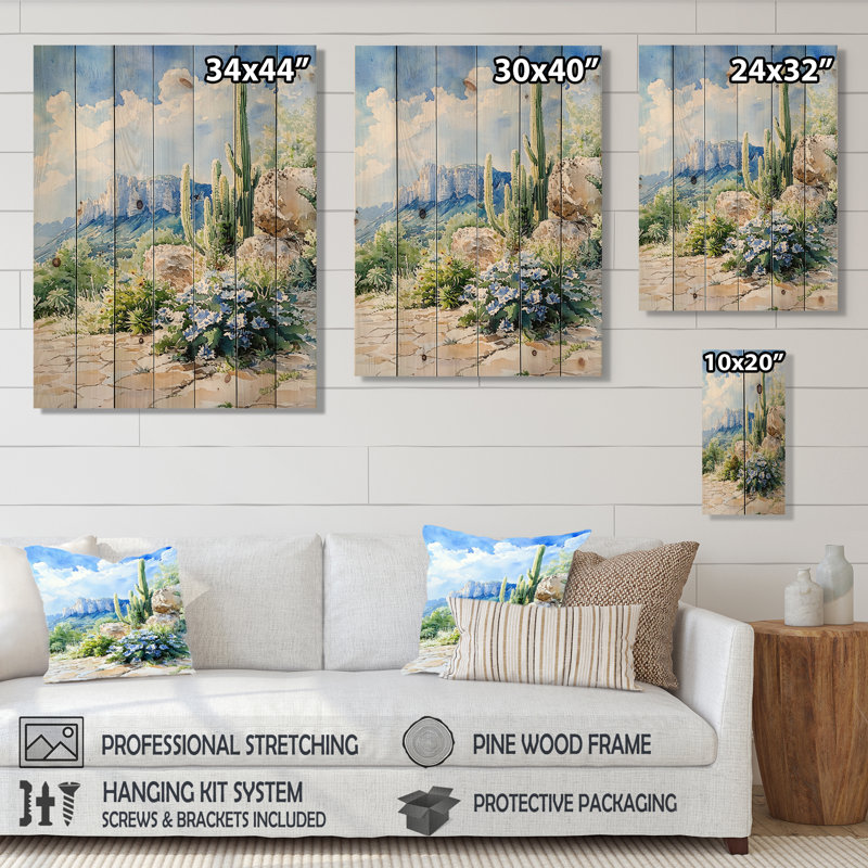 Paysage de désert mexicain - Cactus floral, art mural sur bois de pin naturel, H 20 po x l 10 po