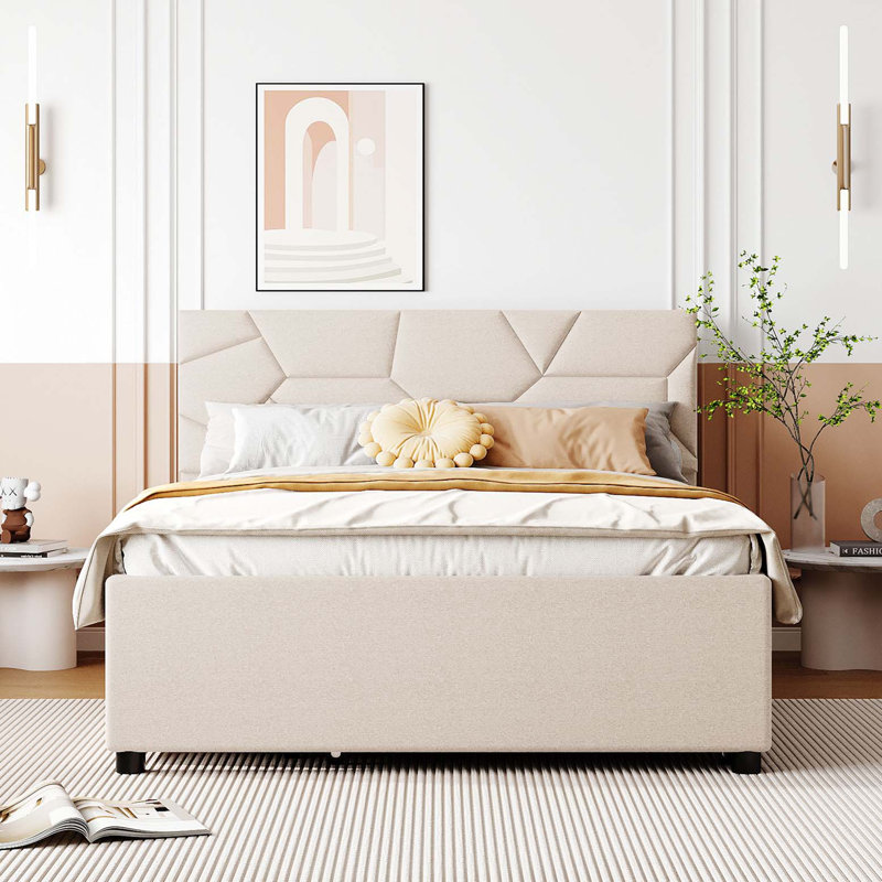 Lit plateforme tapissier pleine grandeur avec tête de lit à motif brique, avec lit gigogne simple et 2 tiroirs, tissu en lin, beige