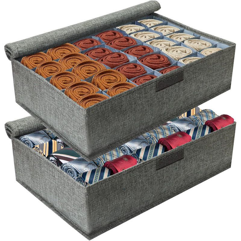Boîte de rangement pliable pour 2 paires de chaussettes et cravates avec couvercle, boîte de rangement pliable à 30 cellules