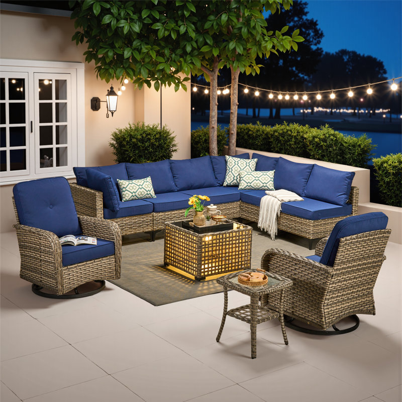 Emroy 8 - Person Wicker/Rattan Sectional Seating Group with Lighted Coffee Table and Swivel Chairs, All Weather Modular Outdoor Conversation Set with Cushions