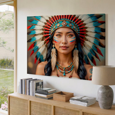 Native American Woman Tribal Headdress Feather Decor Canvas Wall Art Print For Living Room, Bedroom, Office, Hallway, Entryway, Gallery Wall And Modern Home Decor