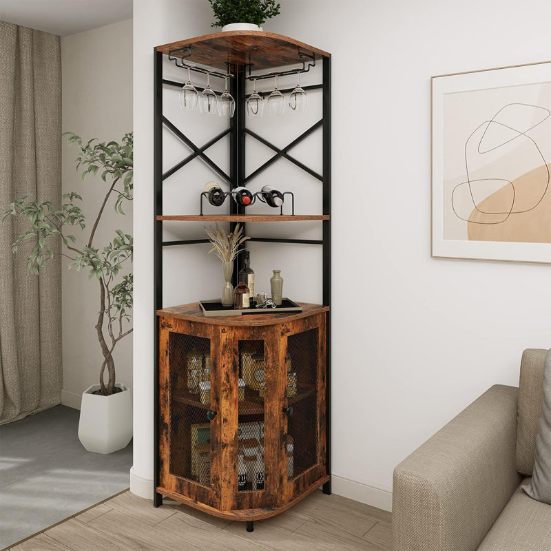 68.7" Height Corner Bar Cabinet with Wine Storage, 5 Tier Corner Shelf with Glass Holder, Brown
