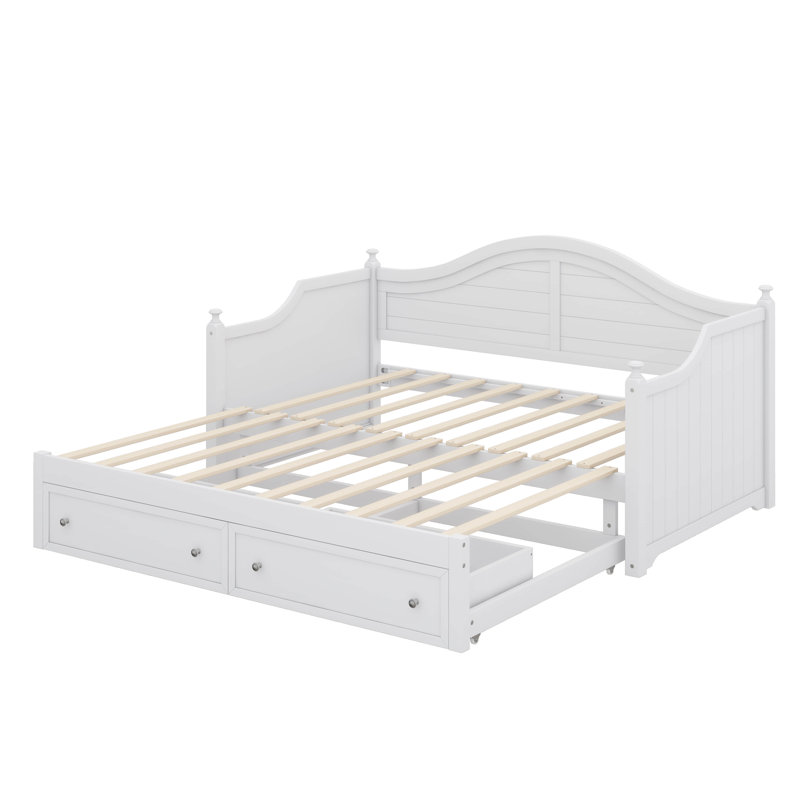 Canapé-lit simple en bois avec lit gigogne extensible et tiroirs de rangement pratiques, Blanc