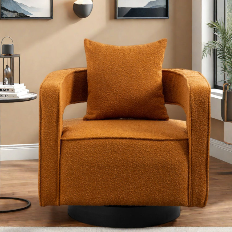 Fauteuils d'appoint pivotants à 360° modernes, couleur caramel bouclé, piètement en métal noir pour salon