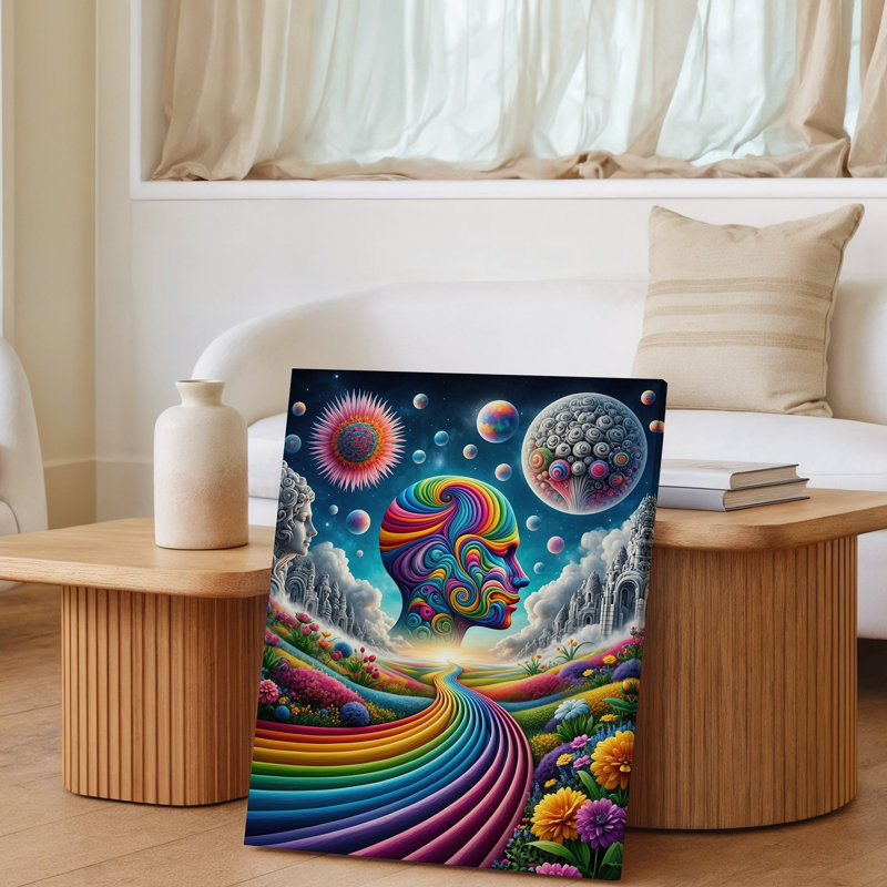Reproduction d'art sur toile, "Un paysage surréel vibrant" avec un profil central d'une tête de mur faite de motifs colorés tourbillonnants