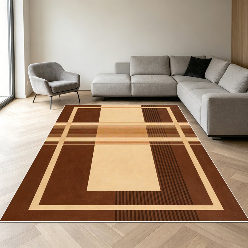 1PC Modern Minimalist Geometric Brown Beige Grid Plaid area rugs for Living Room, Soft and Comfortable, Suitable for all seasons, easy-to-maintain, machine washable Indoor floor mat, Under Table Farmhouse suitable for Dining Room, Bedroom, Home