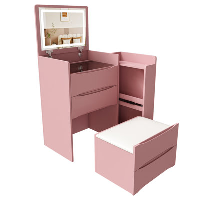 Coiffeuse de maquillage noire moderne avec plateau à miroir avec tiroir de rangement éclairé et tabouret rembourré