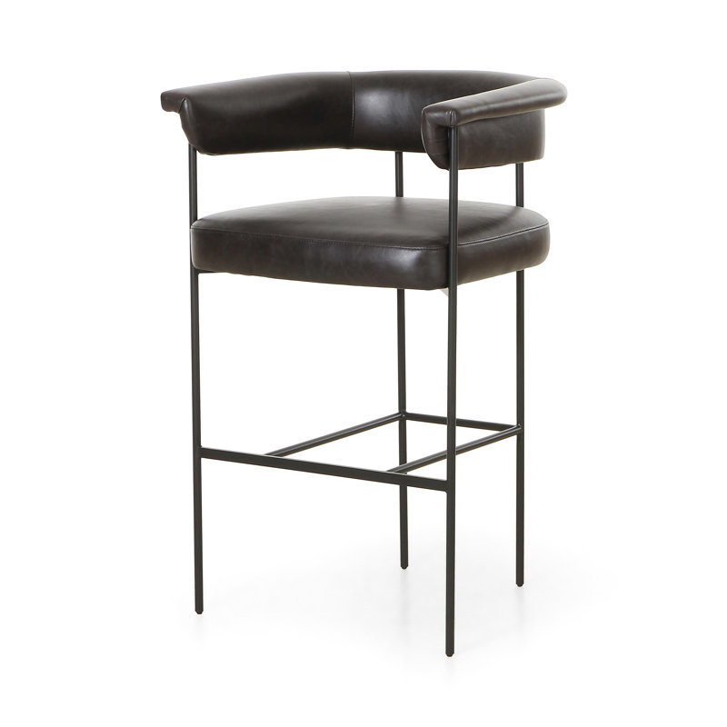 Tabouret de bar et de comptoir Lyssa, Tabouret de comptoir (siège d'une hauteur de 26,5, Cuir véritable noir Sonoma