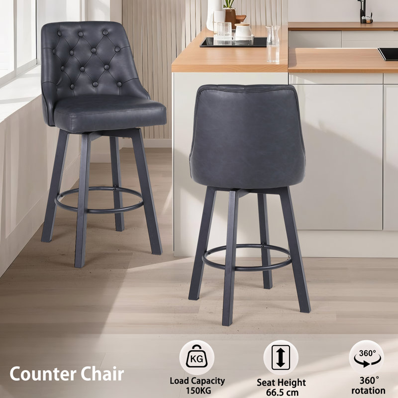 Swivel Upholstered Counter Stool with Metal Frame, Black