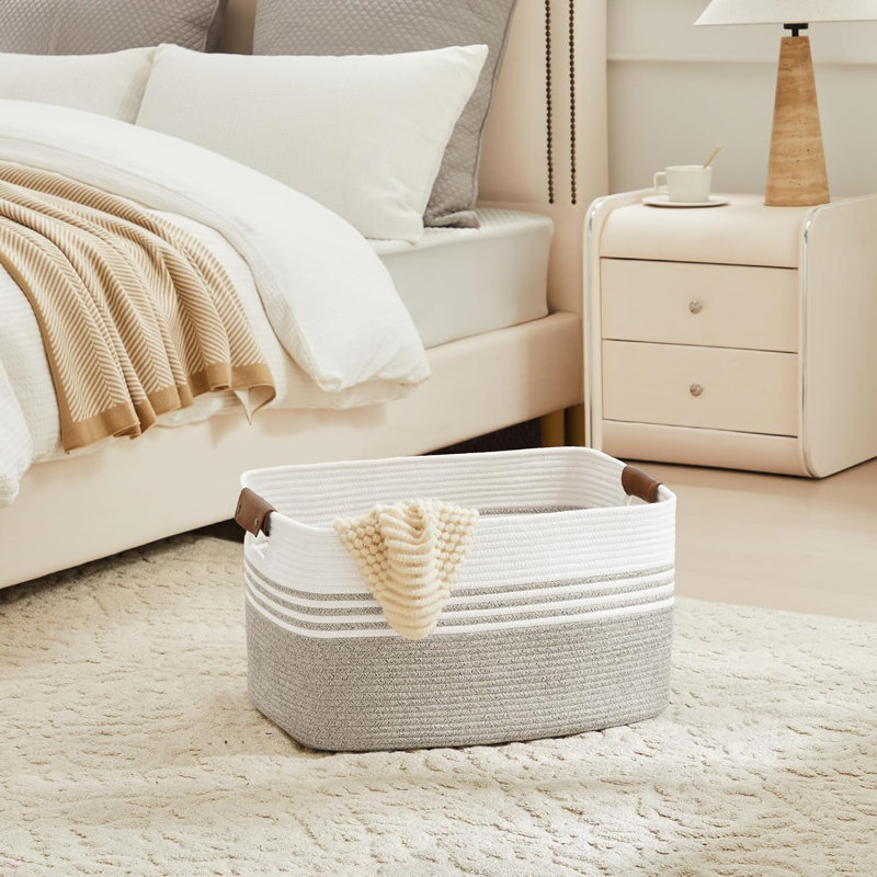 Large Woven Laundry Basket With Leather Handles - Cotton Storage Hamper For Clothes, Blankets, Toys, And Towels - Durable Rectangular Design For Bedroom, Living Room, And Bathroom Organization