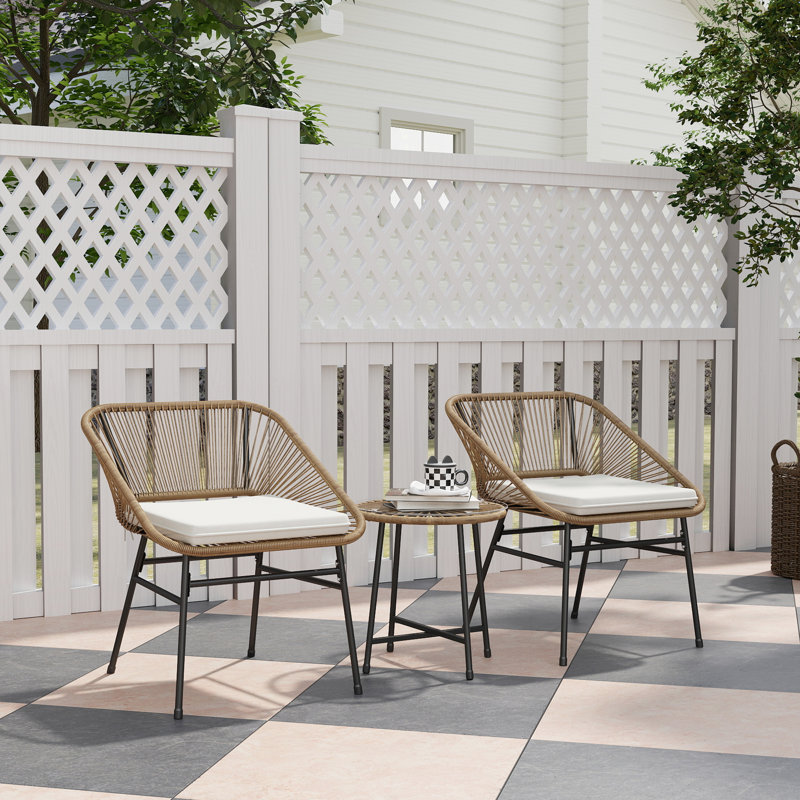 3 Pieces Rattan Bistro Set with Cushions Outdoor Patio, Black/Brown