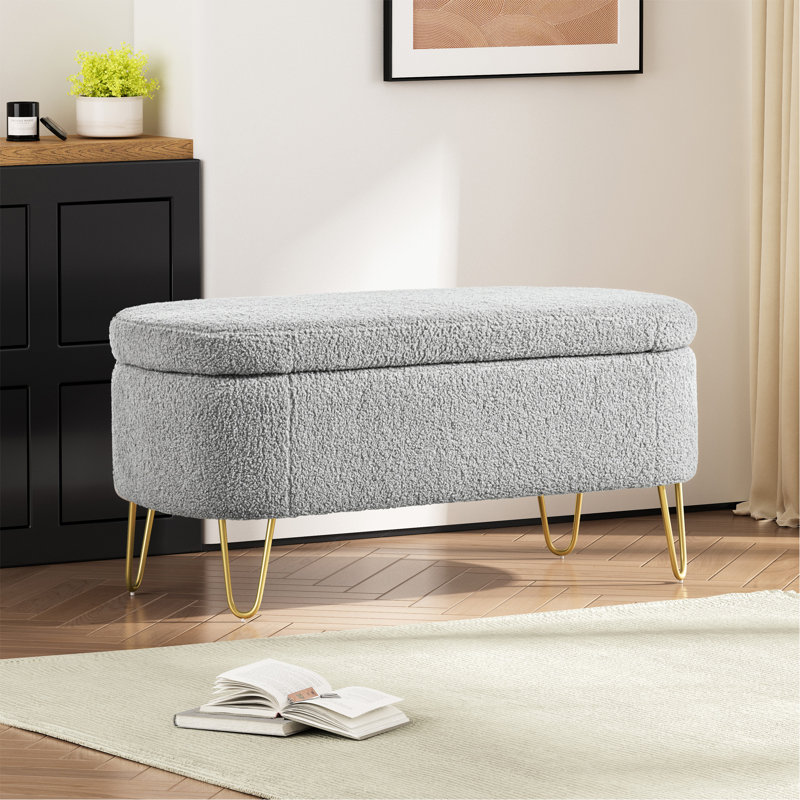 Oval Storage Ottoman Bench With Metal Legs for Bedroom, Grey