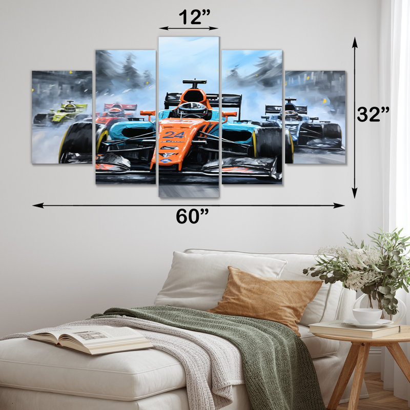 Orange et bleu, voiture de course, art mural multipanel