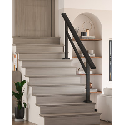 Adjustable 6 Step Outdoor Stair Handrail, Matte Black Aluminum & Iron Non-Slip Safety Grab Bar, Complete Installation Kit Fits 1-6 Steps for Porch, Deck and Garden
