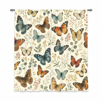 2Pcs rideaux à imprimé papillon, tissu filtrant la lumière, motif botanique floral rétro, parasol et protection de la vie privée, conception à passe-tringle, convient au salon, à la chambre à coucher, au balcon et à la cuisine