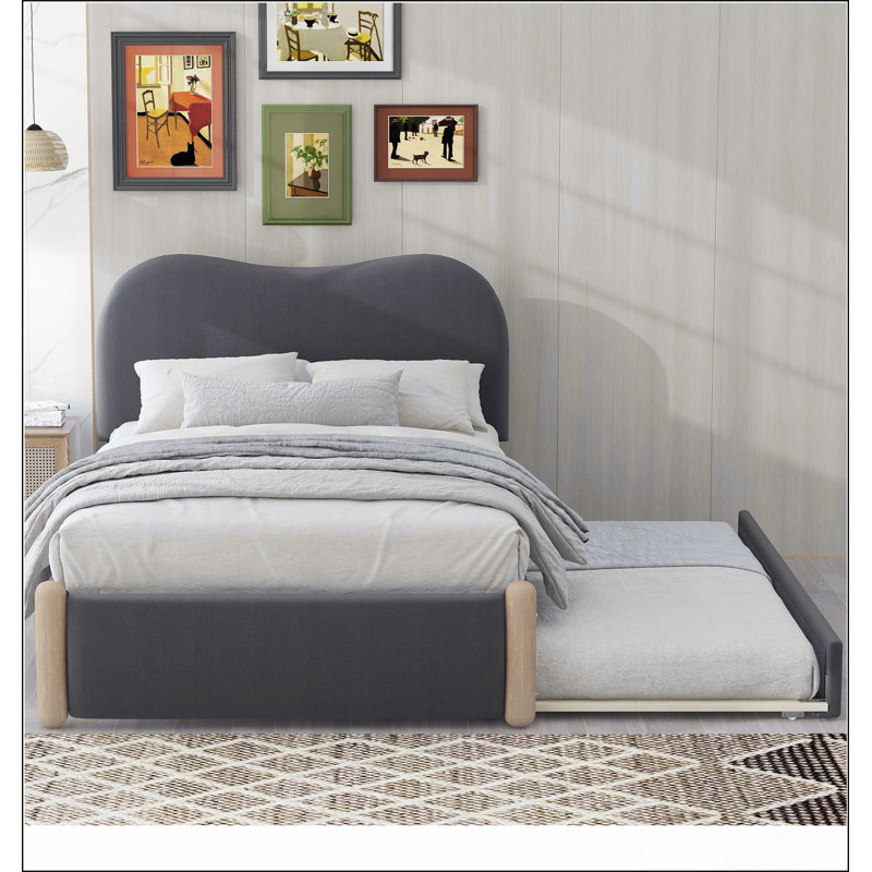 Lit plateforme tapissier avec pieds de support en bois et lit gigogne simple