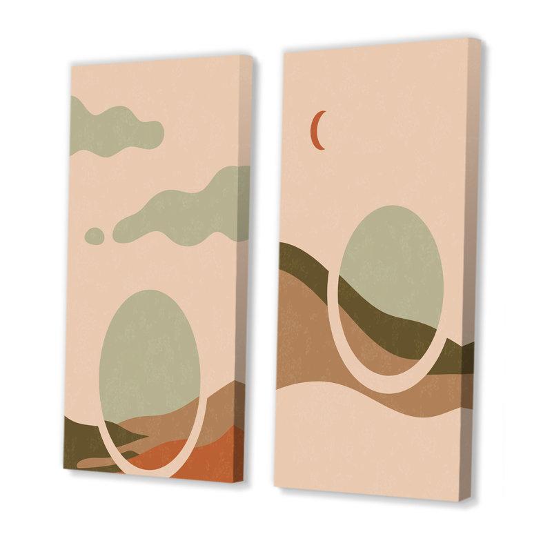 «Retro Sunrise Landscape with Moon I», ensemble de 2 impressions, H 20 po x l 24 po x P 1 po, Toile tendue