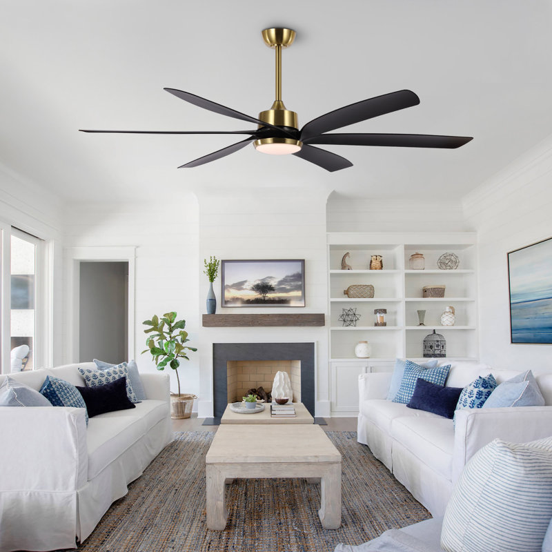 64" Modern Large Propeller Ceiling Fan with LED Light and Remote Control, Gold, Black