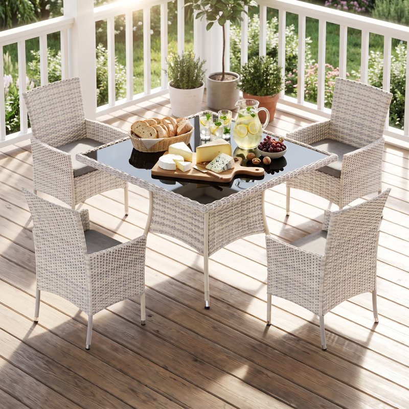Table de salle à manger d'extérieur en résine tressée de 96 cm (37,8 po) avec plateau en verre trempé et trou pour parasol