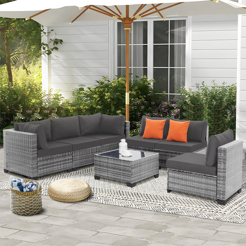 Ensemble de conversation en rotin 7 pièces, ensemble de conversation modulaire avec coussins, ensemble de mobilier d'extérieur 