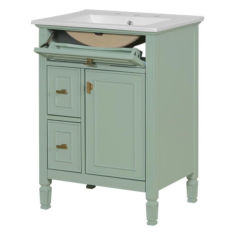 Meuble-lavabo de 24 pouces avec lavabo, armoire en bois massif et panneau de fibres à densité moyenne avec un tiroir rabattable, deux tiroirs standard et une tablette réglable, meuble-lavabo vert autoportant pour le rangement de la salle de bain