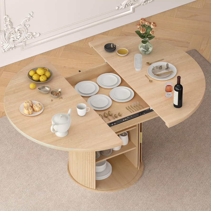 47-63" Extendable Round Dining Table for 4-8 People, Mid-Century Modern Kitchen Table with Storage Cabinet, Natural