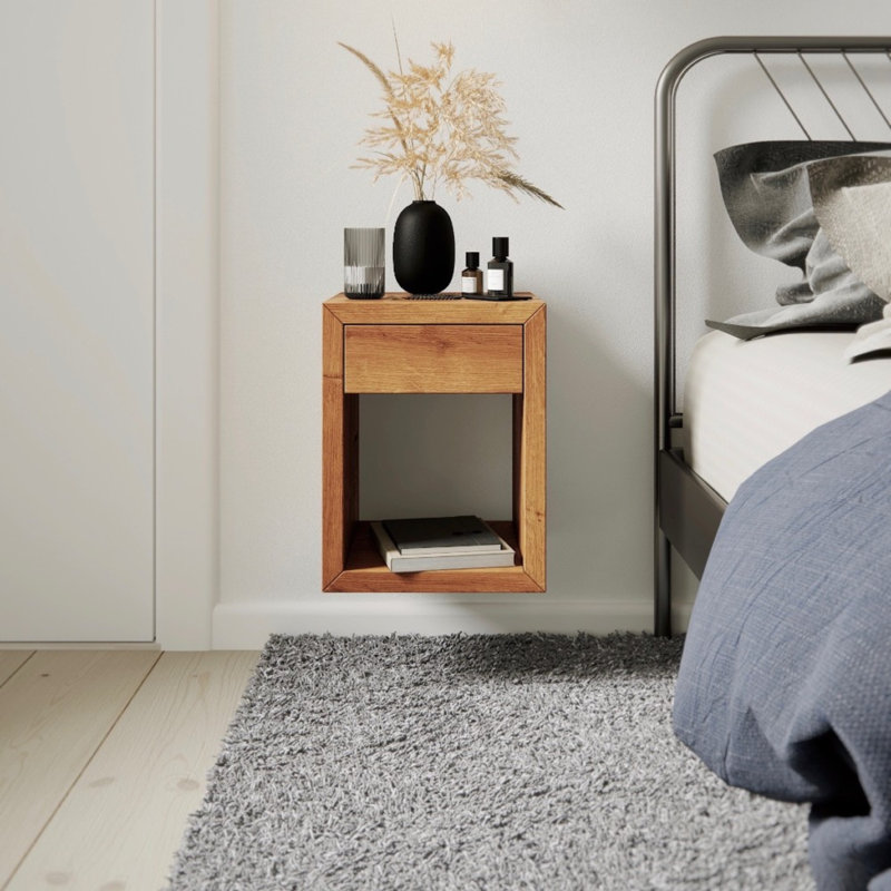Scandinavian Style Natural Solid Wood Oak Nightstand With 1 Drawer, Brown