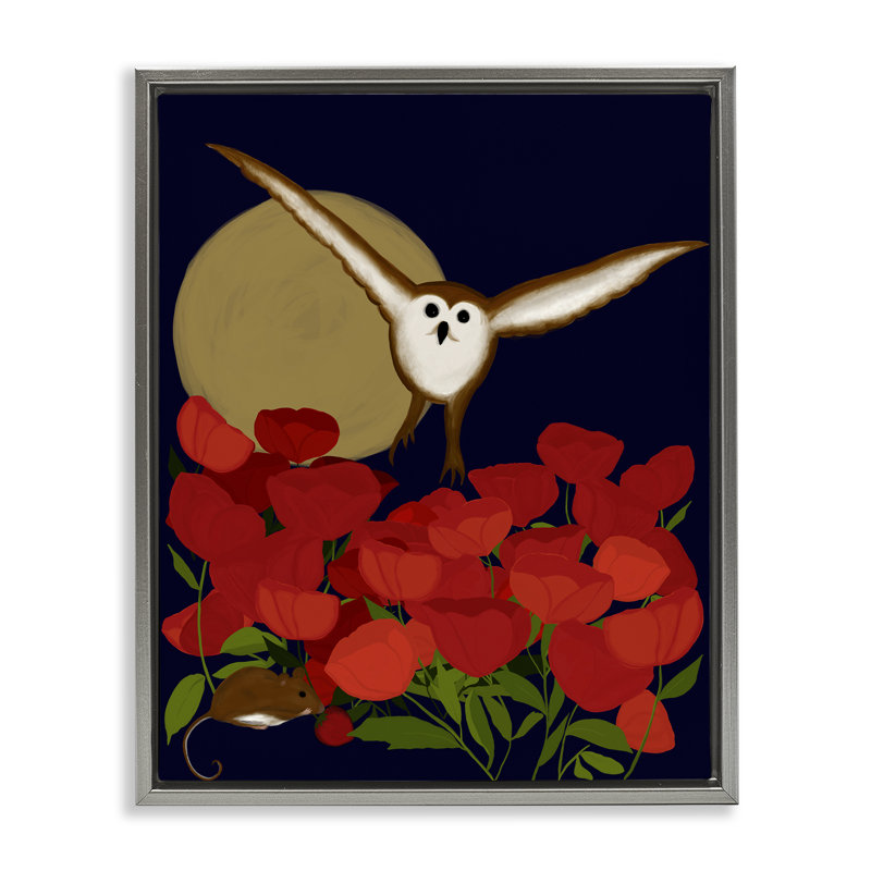  "Owl over Poppy Field", art mural par Michelle Ingari Designs, H 31 po x l 25 po, Cadre flottant gris lustré