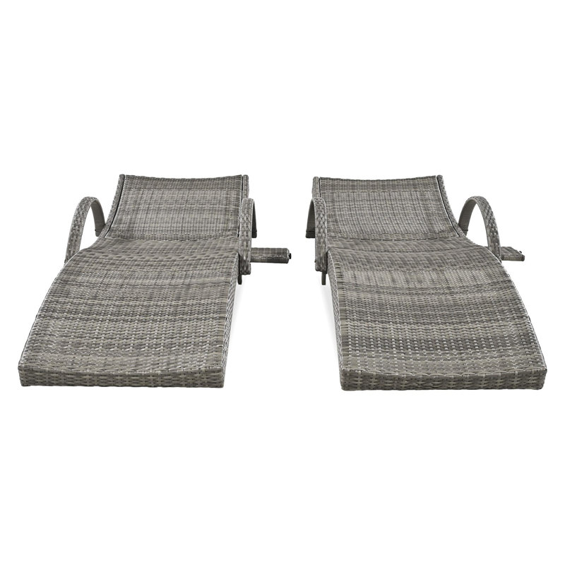 80'' Outdoor Wicker Chaise Lounge Chairs Set Of 2, Patio Rattan Reclining Chair Pull-Out Side Table W/ 5-Level Adjustable Backrest Ergonomic Wave Design Pool Sunbathing Recliners, Grey