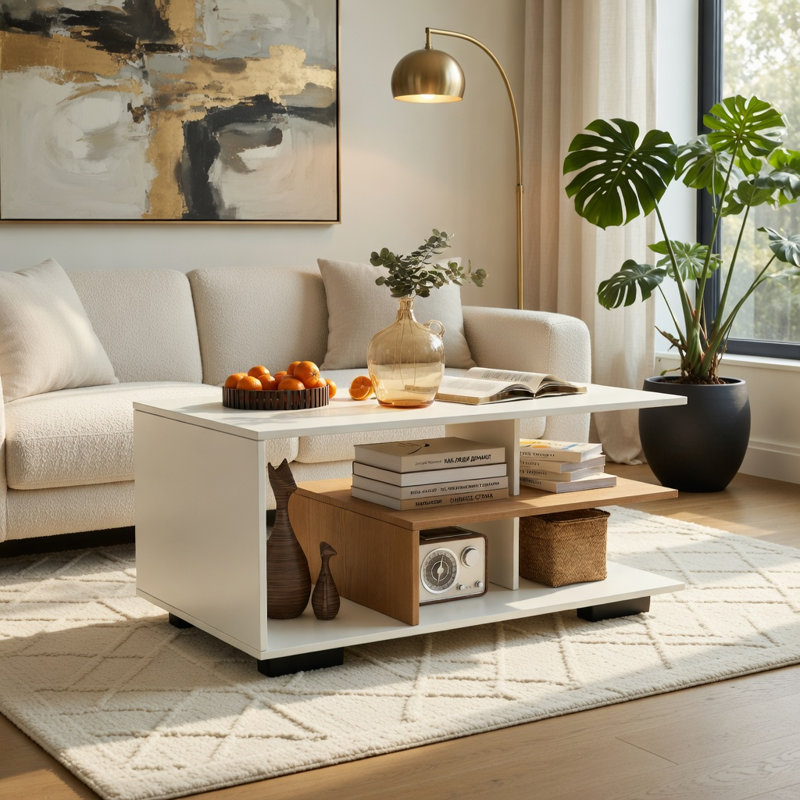 Table basse rectangulaire à 3 niveaux avec tablette centrale en L Hommoo, table de salon en bois d'ingénierie, blanc et naturel