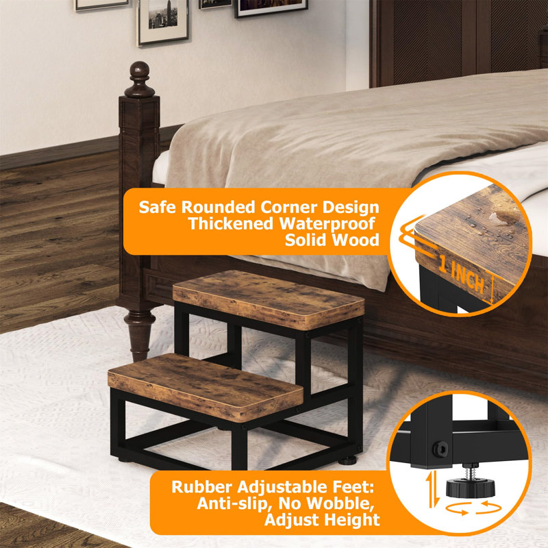 Rustic Brown Wooden and Metal 2-Step Stool