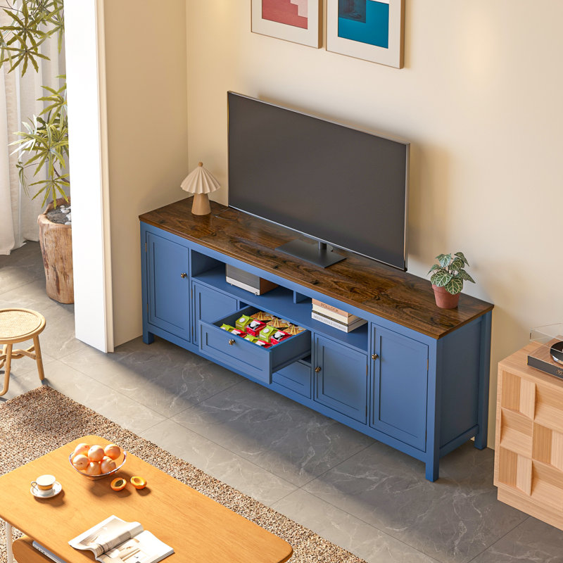 Farmhouse TV Stand for TVs up to 78", Extra Long Wood Media Console with Storage Cabinets & Shelves, Fully Assembled, Navy