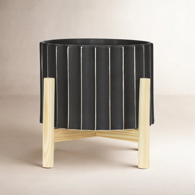 Modern Ribbed Ceramic Outdoor Planter on Stand for Home Decor - Modern Indoor Flower Pot with Natural Wood Stand for Living Room or Patio Styling