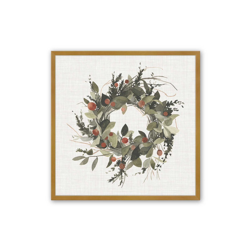Couronne des Fêtes avec imprimé de baies II, Cadre simple en or poli, bois massif, H 17,75 po x l 17,75 po