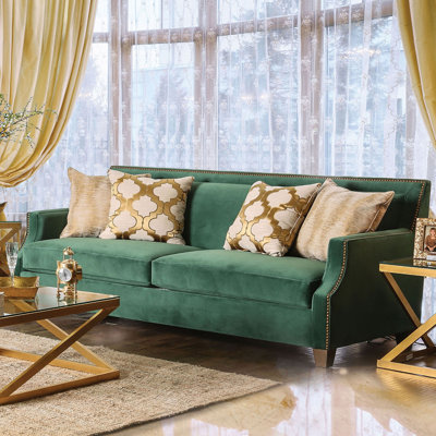 93.4" W Transitional Sofa, Emerald Green/Gold