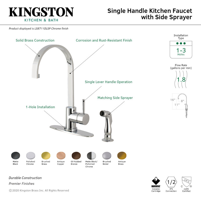 Kingston Brass Concord Single-Handle 2-Hole Deck Mount Kitchen Faucet with Side Sprayer, Brushed Nickel