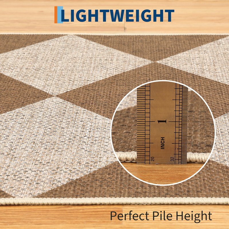 Machine Washable Easy Jute Area Rugs for Living Room Bedroom Distressed Checkered Office Carpet High Traffic Entryway Rug Non Slip Backing Trellis Farmhouse Floor Cover