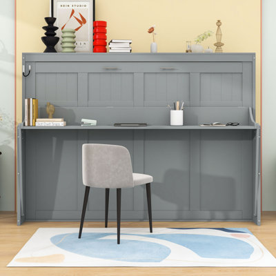 Wooden Murphy Bed with Folding Desk and Built-in Storage for Small Spaces