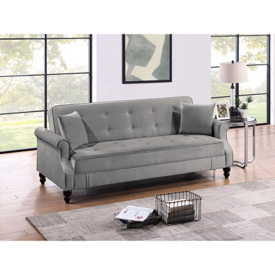 Velours gris réglable à 2 places avec rangement caché, accoudoirs roulés modernes, dossier serré, siège mi-ferme, boutons, pieds ronds et coussins décoratifs