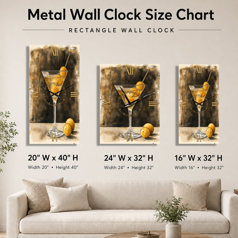 Horloge murale en métal Art déco Martini après minuit, H 40 po x l 20 po - Rectangle