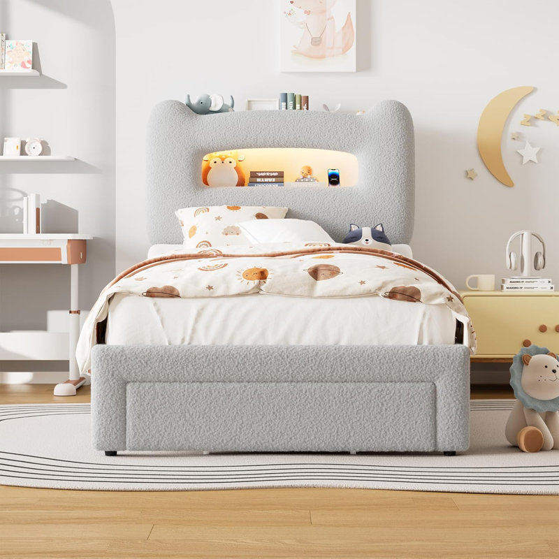 Twin Upholstered Bed Frame with LED Storage Headboard, Charging Station & Drawer, Metal Support, Pink, Gray, Twin